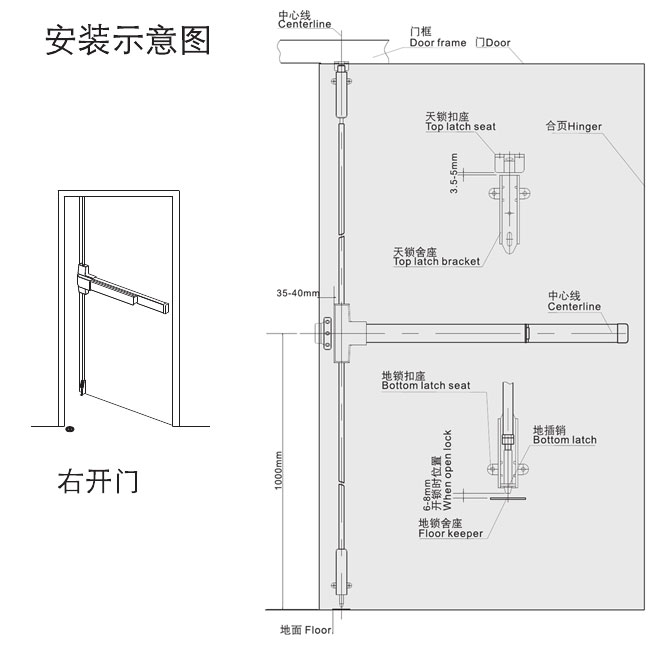 HD-61002推桿放火門鎖（天地閂） 安裝示意圖